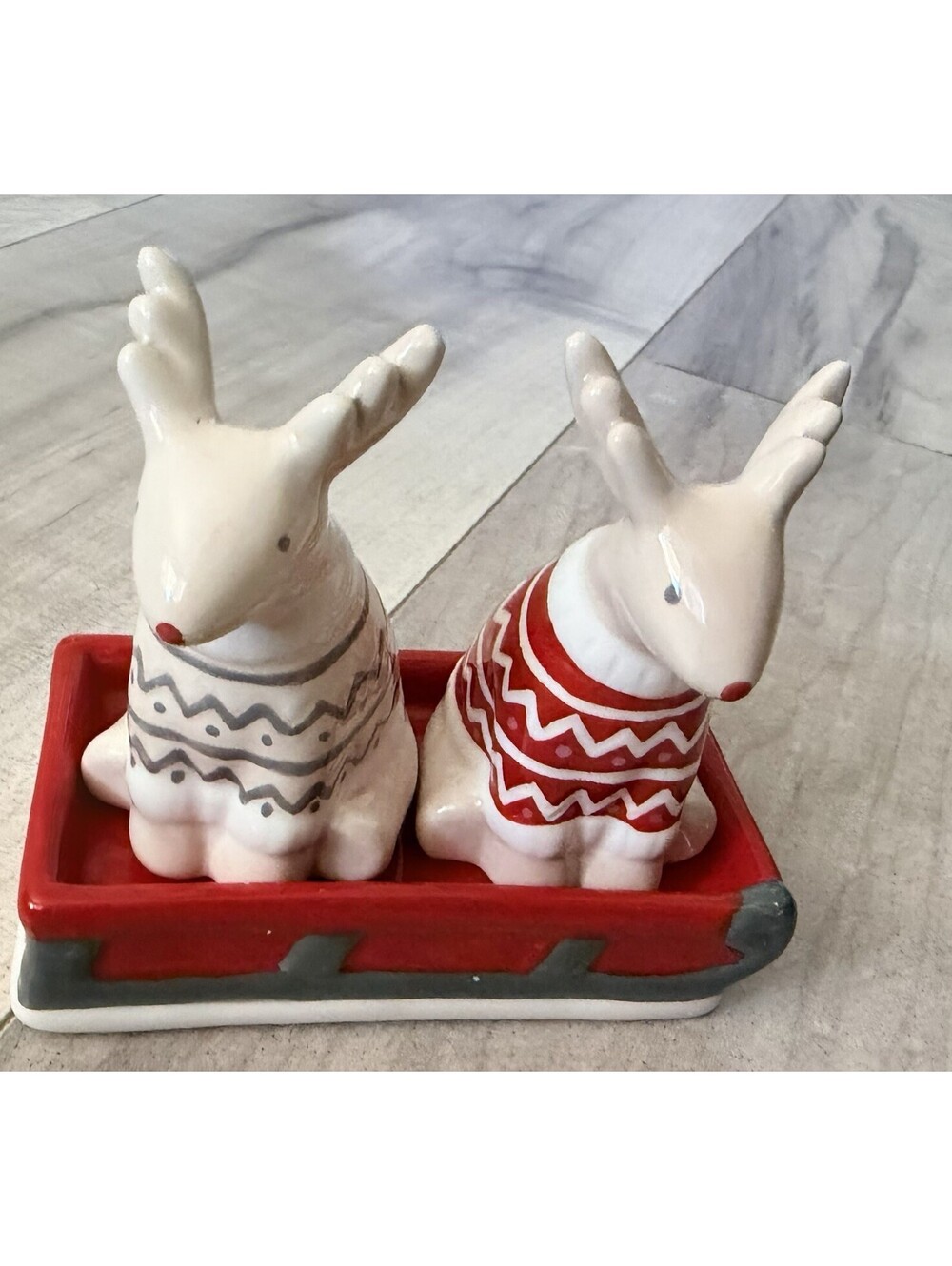 Reindeer On Sled Christmas Ceramic Salt and Pepper Shakers Grassland Roads